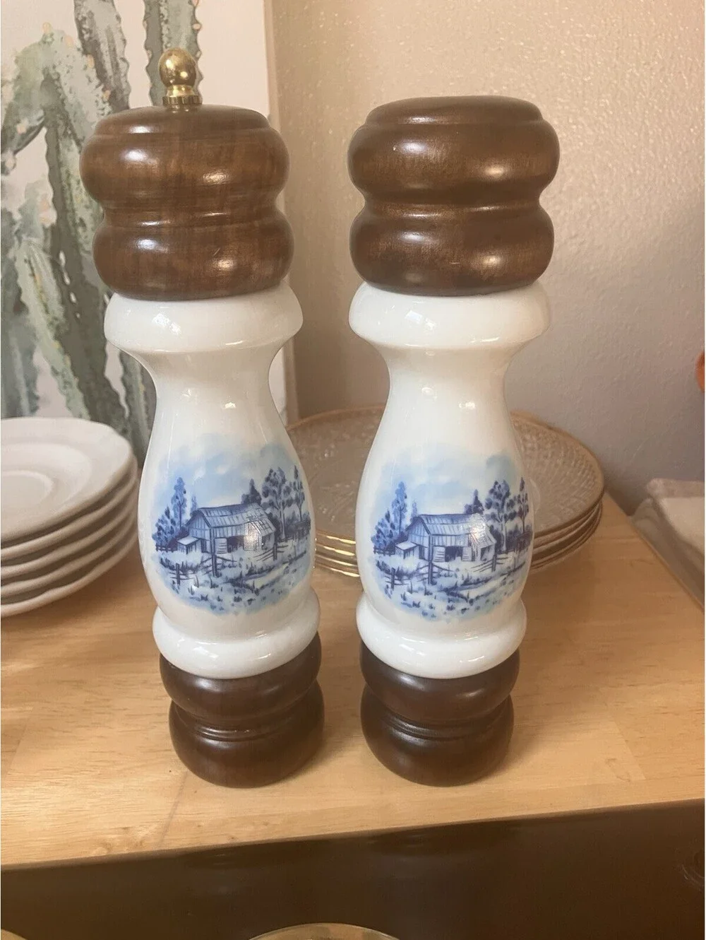 Vintage Salt Shaker Pepper Grinder Milk Glass Wood Country Water mill Scene